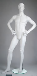 Male Mannequins: White, Hands on Hips, Leg Forward, Sculpted Head